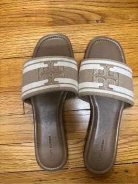 Tory Burch Beige Canvas Logo Slide Sandals